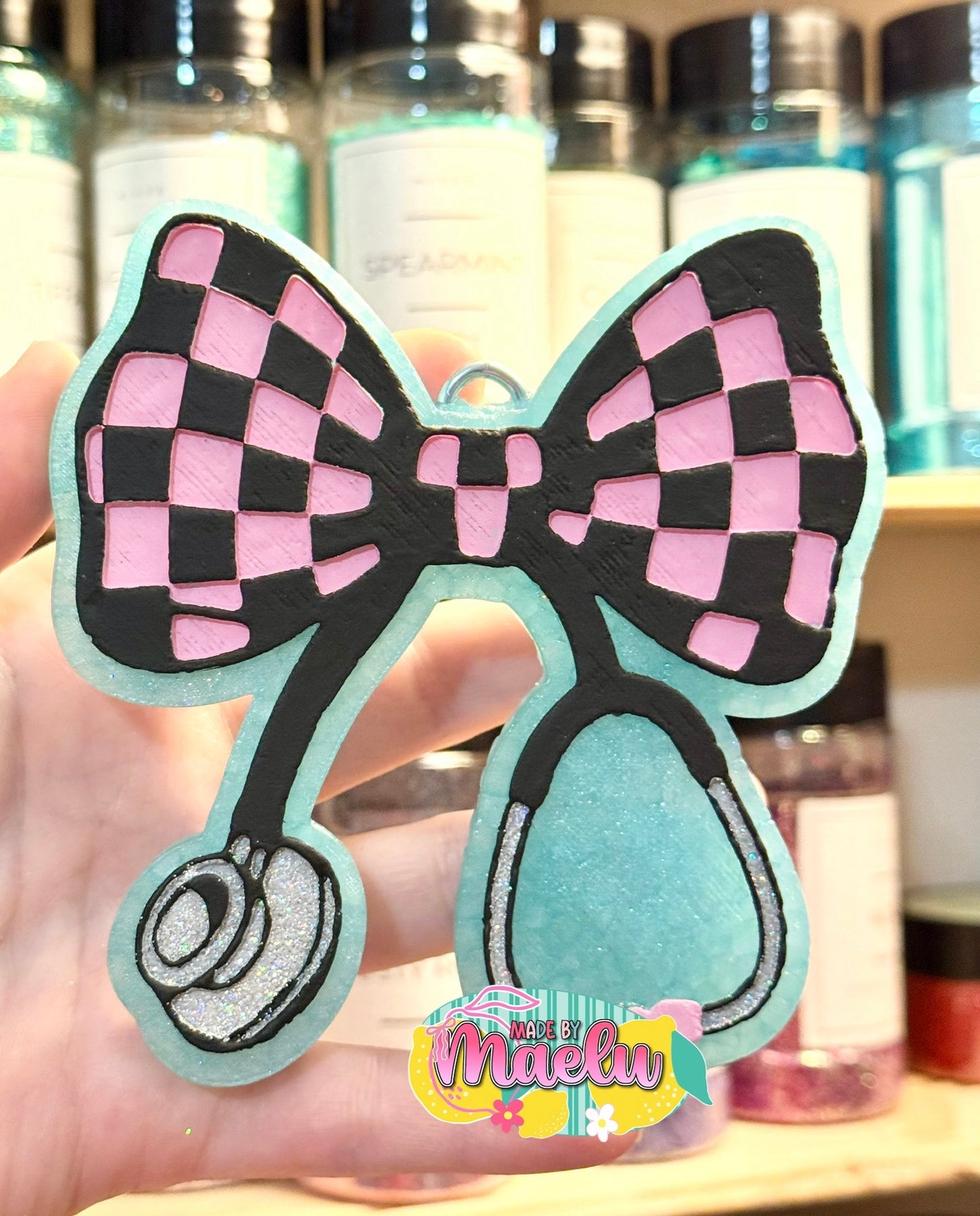 Checkered Bow Stethoscope Freshie Mold | silicone freshie mold