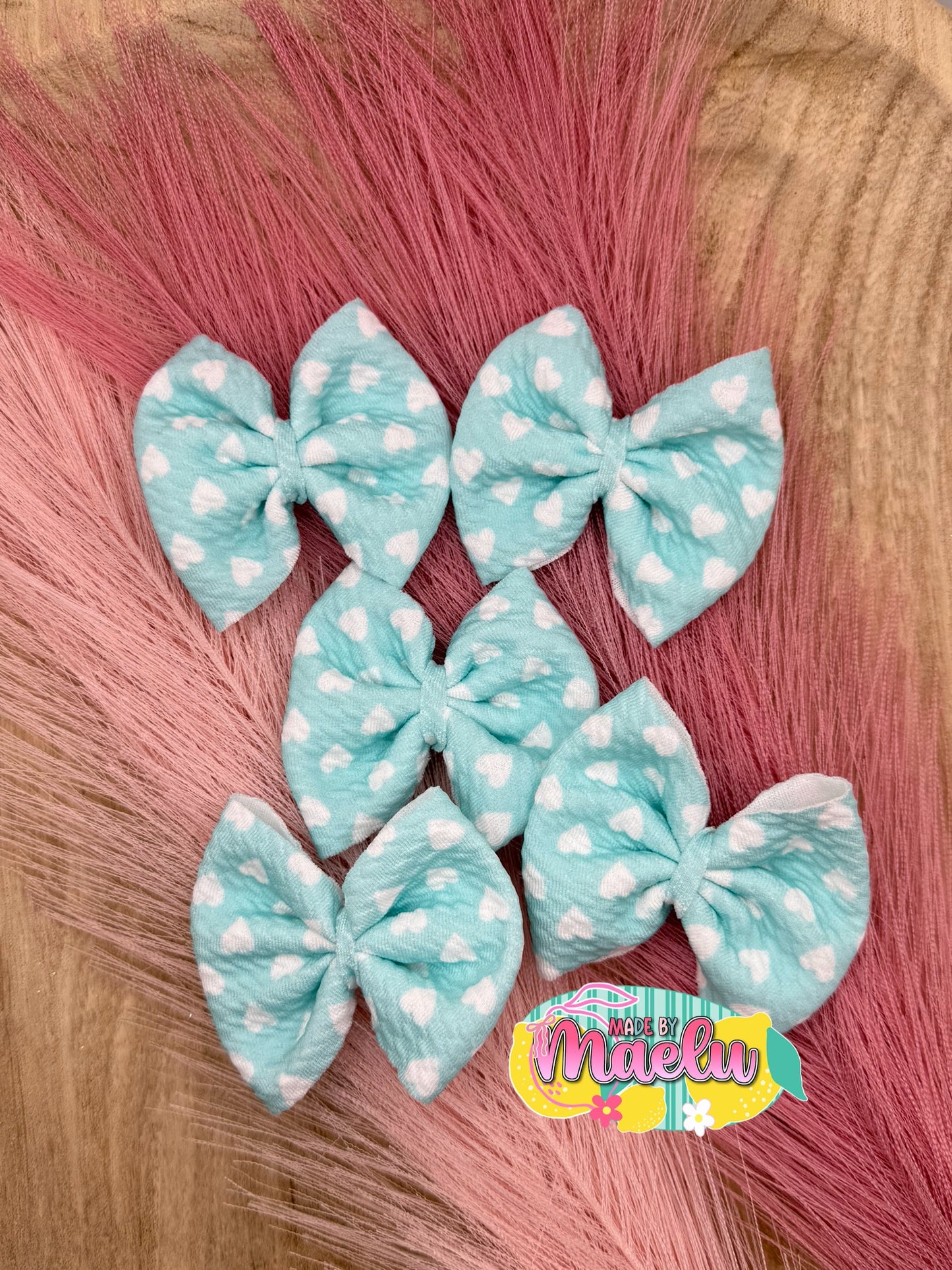 Aqua White Hearts Freshie Bows - Qty 5